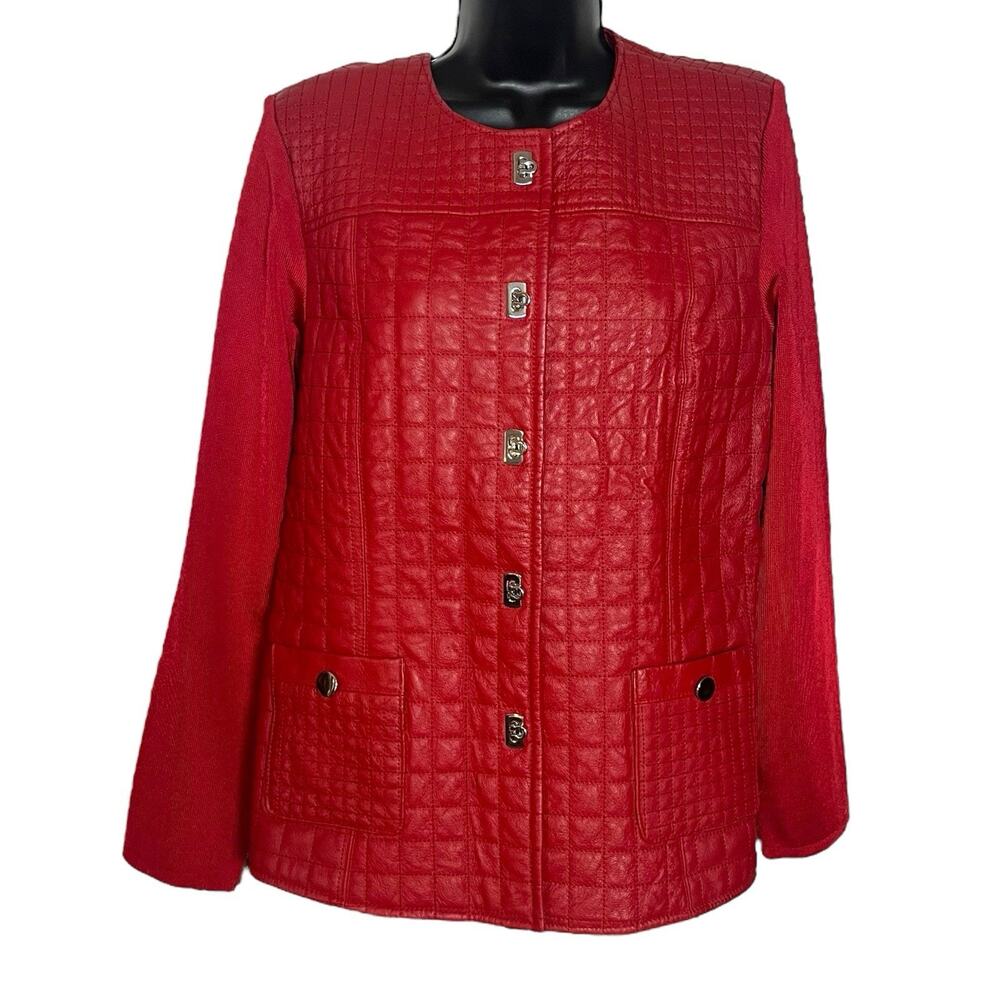 Vtg Y2K Peter Nygard Red Leather Jacket Sz M Quilted Knit Back Shacket Moto